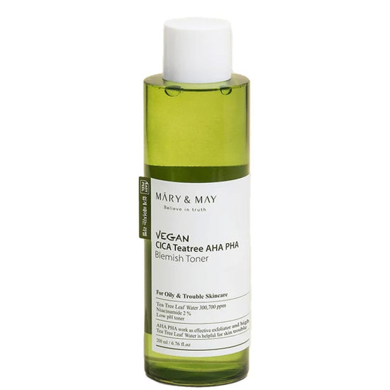 MARY&MAY - Vegan Cica Teatree AHA PHA Blemish Toner 200 ml – Exfoliační toner s AHA, PHA kyselinami a tea tree pro mastnou a problematickou pleť