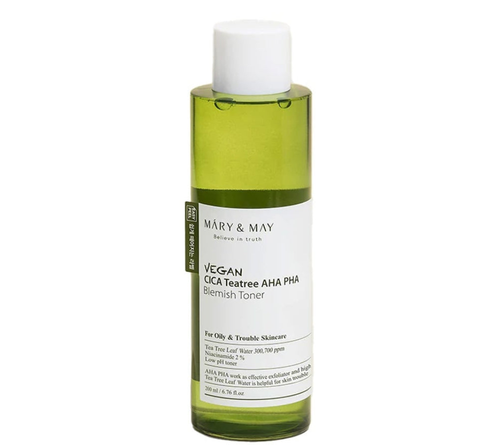 MARY&MAY - Vegan Cica Teatree AHA PHA Blemish Toner 200 ml – Exfoliační toner s AHA, PHA kyselinami a tea tree pro mastnou a problematickou pleť