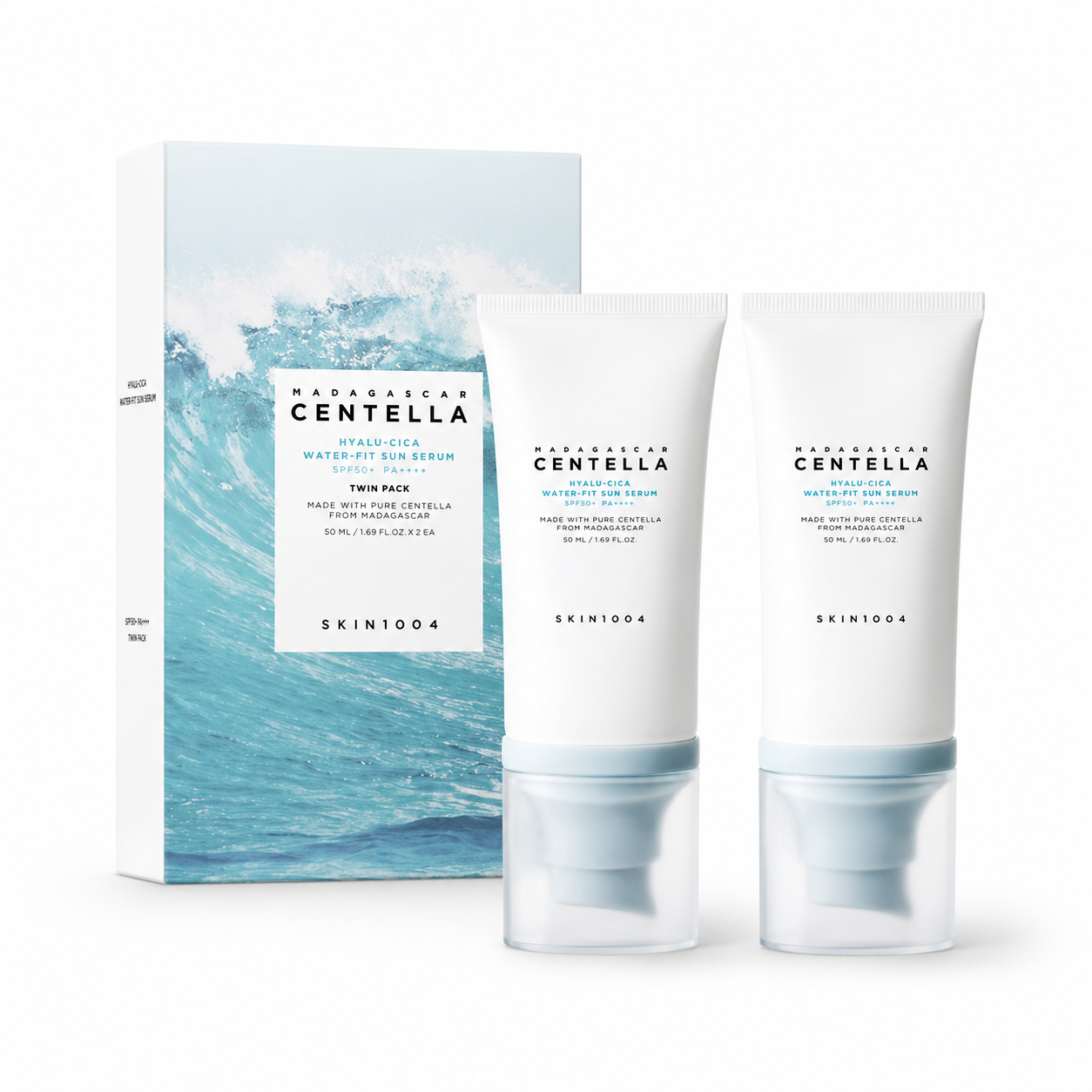 SKIN1004 – Madagascar Centella Hyalu-Cica Water-Fit Sun Serum Twin Pack (2×50 ml) – Lehké SPF50+ PA++++ sérum/krém pro vysokou ochranu