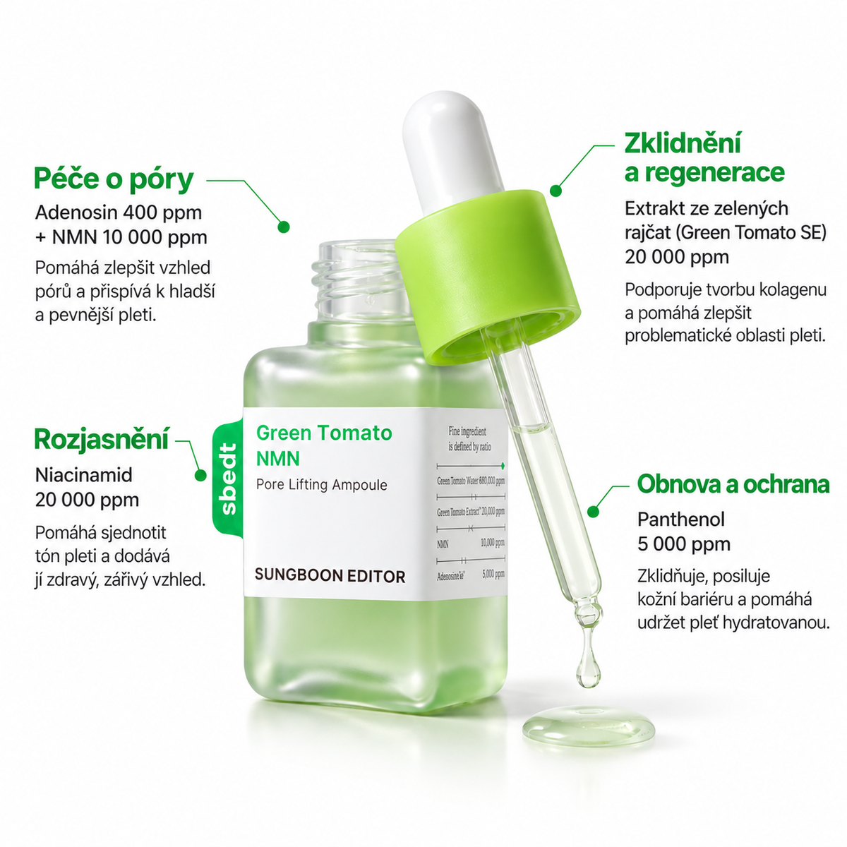 SUNGBOON EDITOR – Green Tomato NMN Pore Minimizing Ampoule 40 ml – Ampule na póry se zeleným rajčetem a NMN