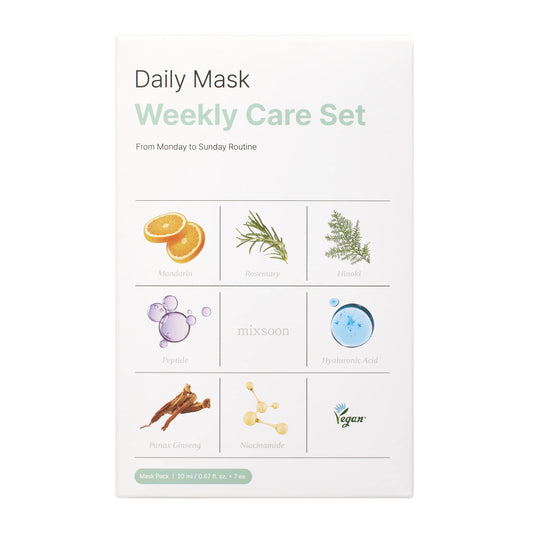 MIXSOON – Daily Mask Weekly Care Set 20 ml x 7 ks – Týdenní sada plátýnkových masek pro energii, glass skin a hydrataci